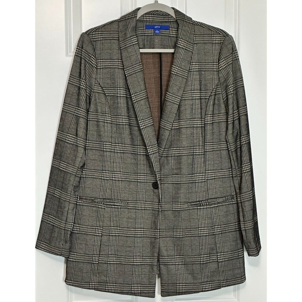 Apt 9 Plaid Blazer Women's Size L Black White Brown Preppy Academia Professional